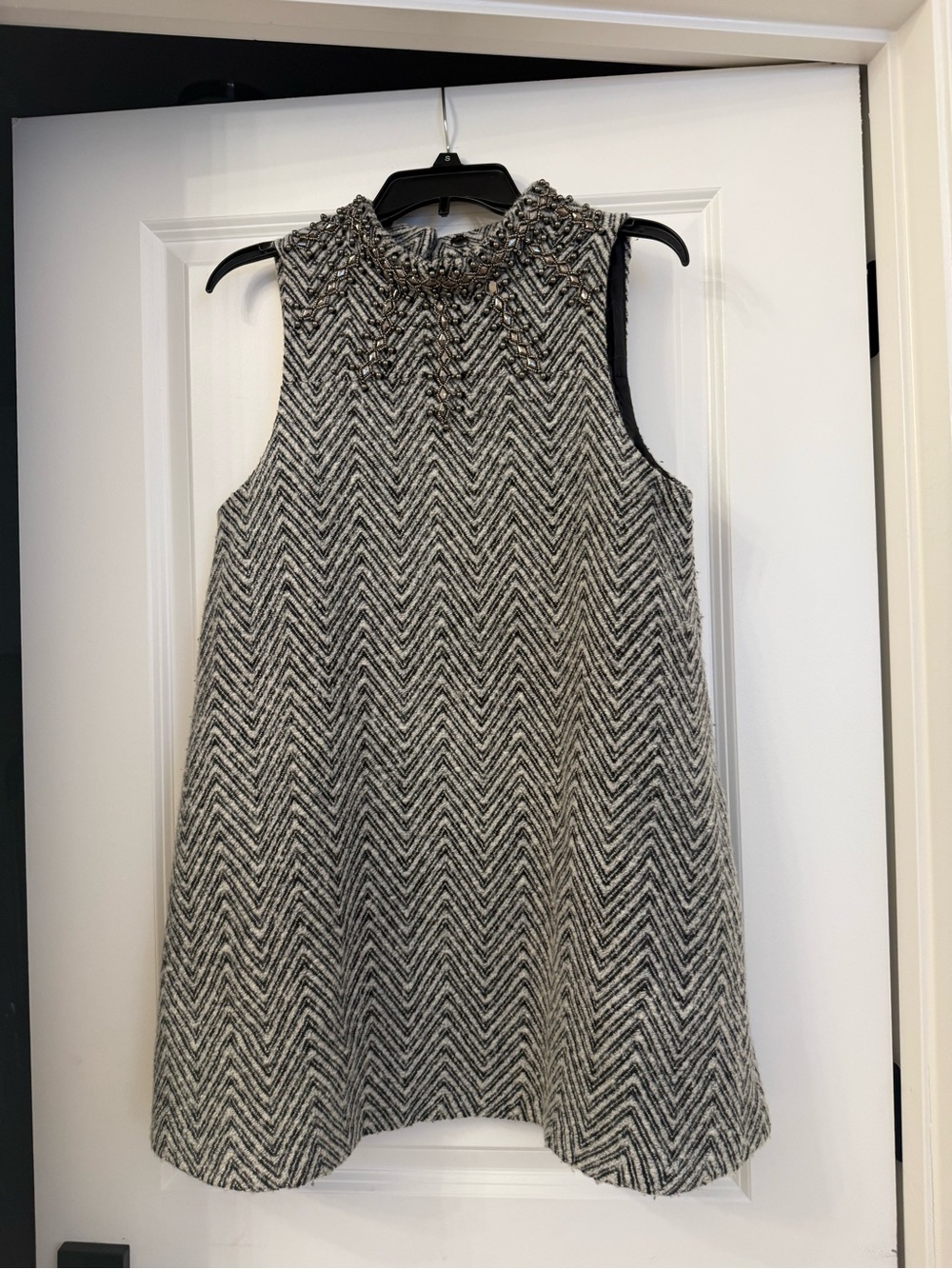 Sleeveless Gray Chevron A-Line Dress with Beaded Collar - Romeo & Juliet Couture